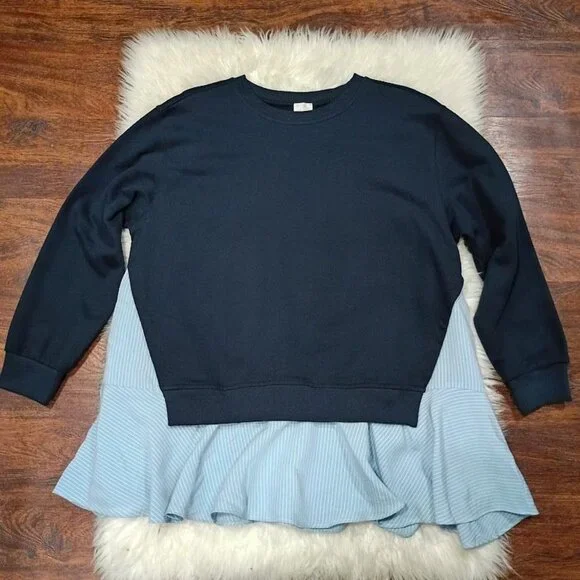 Maeve Navy Sweatshirt Dress Blue Striped Ruffle Hem Womens S Cotton Blend - Picture 2 of 11